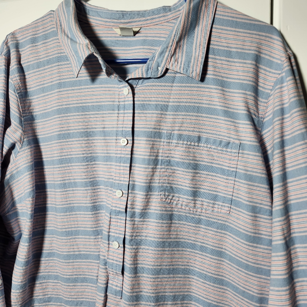 LL BEAN Blouse Top Womens XL Popover Roll Tab Long Sleeve Striped Blue - Picture 3 of 7
